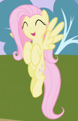 Size: 358x556 | Tagged: safe, screencap, character:fluttershy, species:pegasus, species:pony, episode:friendship is magic, g4, my little pony: friendship is magic, cropped, cute, eyes closed, female, flying, happy, mare, open mouth, shyabetes, solo, spread wings, tree, wings