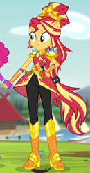 Size: 370x710 | Tagged: safe, screencap, character:pinkie pie, character:sunset shimmer, equestria girls:legend of everfree, g4, my little pony:equestria girls, boots, chains, clothing, cropped, cute, gloves, high heel boots, holding hands, offscreen character, pants, ponied up, ponytail, sailboat, smiling, sparkles, sun, super ponied up