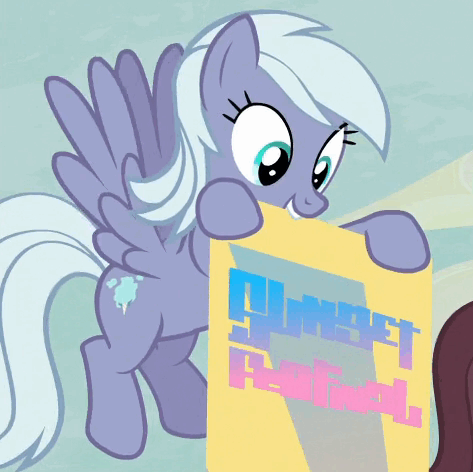 Size: 473x472 | Tagged: safe, screencap, character:dusk drift, species:pegasus, species:pony, episode:to where and back again, g4, my little pony: friendship is magic, animated, background pony, banner, cute, eyes closed, female, floating, gif, happy, looking down, mare, mouth hold, solo focus, sunset festival, teeth, written equestrian