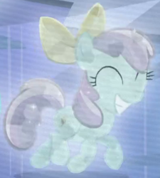 Size: 397x442 | Tagged: safe, screencap, species:crystal pony, episode:the crystal empire, g4, my little pony: friendship is magic, bow, cropped, eyes closed, female, filly, opal bloom, smiling, solo