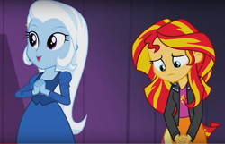 Size: 1006x648 | Tagged: safe, screencap, character:sunset shimmer, character:trixie, equestria girls:rainbow rocks, g4, my little pony:equestria girls, duo, fall formal outfits, sad