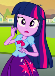 Size: 480x660 | Tagged: safe, screencap, character:twilight sparkle, character:twilight sparkle (alicorn), species:alicorn, species:pony, equestria girls:rainbow rocks, g4, my little pony:equestria girls, clothing, cropped, house, skirt, solo