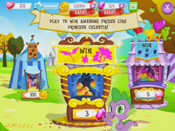 Size: 914x684 | Tagged: safe, gameloft, official, screencap, character:philomena, character:princess celestia, character:spike, species:dragon, balloon, balloon pop, balloon pop stand, balloon popping, game screencap, popping, solo