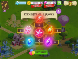 Size: 920x690 | Tagged: safe, gameloft, screencap, character:rarity, balloon, element of generosity, element of honesty, element of kindness, element of laughter, element of loyalty, element of magic, elements of harmony, game, game screencap