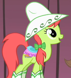 Size: 282x308 | Tagged: safe, screencap, character:peachy sweet, species:earth pony, species:pony, episode:over a barrel, g4, my little pony: friendship is magic, apple family member, background pony, bow, clothing, cowboy hat, cropped, female, hair bow, hat, looking up, mare, solo