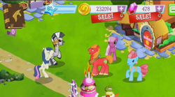 Size: 700x388 | Tagged: safe, gameloft, screencap, character:big mcintosh, character:bon bon, character:cheerilee, character:cup cake, character:sweetie drops, character:zecora, species:earth pony, species:pony, species:zebra, dancing, game, male, stallion