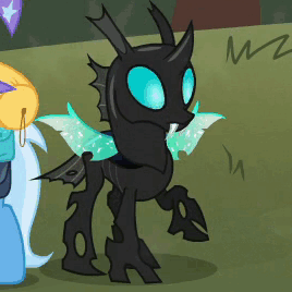 Size: 268x268 | Tagged: safe, screencap, character:thorax, character:trixie, species:changeling, species:pony, species:unicorn, episode:to where and back again, g4, my little pony: friendship is magic, animated, cropped, female, floppy ears, frown, gif, mare, raised hoof, sad, solo focus, spread wings, wings, worried
