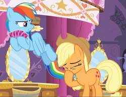 Size: 1057x809 | Tagged: safe, screencap, character:applejack, character:rainbow dash, species:earth pony, species:pegasus, species:pony, episode:make new friends but keep discord, g4, my little pony: friendship is magic, angry, annoyed, applejack's hat, card, carousel boutique, cowboy hat, crying, disgusted, emotional, eyes closed, female, flapping, freckles, glare, gritted teeth, looking down, mare, multicolored hair, nose blowing, playing card, rainbow dash is not amused, rude, spread wings, stetson, tears of joy, teary eyes, tied tail, unamused, wings