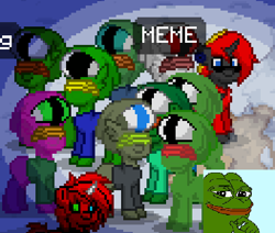 Size: 495x420 | Tagged: safe, screencap, species:pony, pony town, clothing, cosplay, costume, group, group shot, meme, pepe the frog, snow