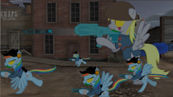 Size: 667x375 | Tagged: safe, artist:darkgloones, screencap, character:derpy hooves, character:rainbow dash, species:pegasus, species:pony, bomb, female, ghost town, giant derpy hooves, giant pegasus, giant pony, gun, mann vs machine, mare, medigun, mvm, night, quick fix, rocket, rocket launcher, scattergun, scout, soldier, team fortress 2, the original, wave 666, weapon, youtube link, zombie, zombie pony