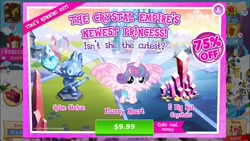 Size: 1334x750 | Tagged: safe, gameloft, official, screencap, character:princess flurry heart, character:spike, species:crystal pony, species:pony, advertisement, costs real money, crack is cheaper, crystal empire, crystallized, drama, duckery in the description, greedloft, ios, iphone, meme, spike statue, statue, time's running out, why gameloft why