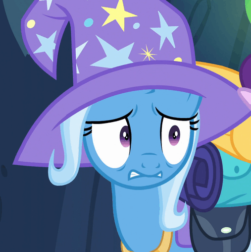 Size: 507x508 | Tagged: safe, screencap, character:starlight glimmer, character:trixie, species:pony, episode:to where and back again, g4, my little pony: friendship is magic, animated, bag, gif, scared, solo focus, trixie's hat