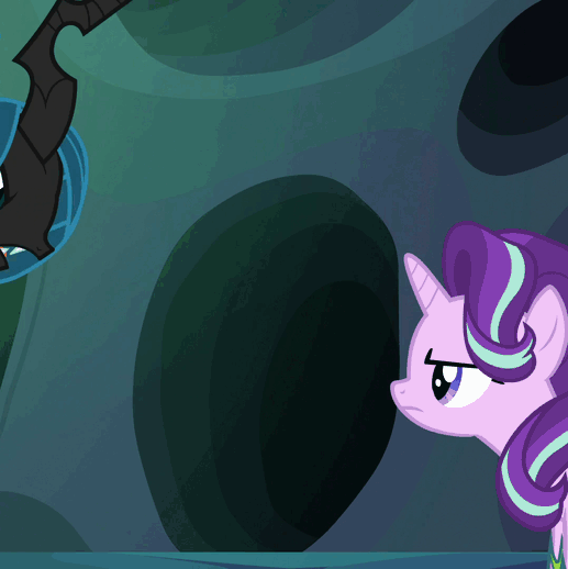 Size: 517x518 | Tagged: safe, screencap, character:queen chrysalis, character:starlight glimmer, species:changeling, episode:to where and back again, g4, my little pony: friendship is magic, angry, animated, blinking, changeling queen, female, floating, gif, solo focus
