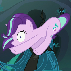 Size: 529x529 | Tagged: safe, screencap, character:queen chrysalis, character:starlight glimmer, species:changeling, species:pony, species:unicorn, episode:to where and back again, g4, my little pony: friendship is magic, changeling queen, cropped, faec, female, mare, wide eyes