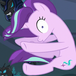 Size: 423x423 | Tagged: safe, screencap, character:starlight glimmer, species:changeling, species:pony, species:unicorn, episode:to where and back again, g4, my little pony: friendship is magic, changeling guard, cropped, faec, female, mare, solo focus, wide eyes