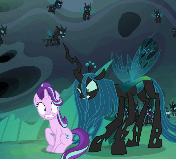 Size: 572x518 | Tagged: safe, screencap, character:queen chrysalis, character:starlight glimmer, character:thorax, species:changeling, species:pony, species:unicorn, episode:to where and back again, g4, my little pony: friendship is magic, animated, changeling guard, changeling queen, female, gif, mouth hold, scared, tail, tail pull