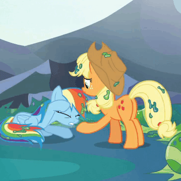 Size: 368x368 | Tagged: safe, screencap, character:applejack, character:rainbow dash, species:pony, episode:to where and back again, g4, my little pony: friendship is magic, animated, changeling slime, clothing, gif, goo, happy, hat, helping hoof, prone, raised hoof, smiling