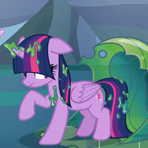 Size: 503x503 | Tagged: safe, screencap, character:twilight sparkle, character:twilight sparkle (alicorn), species:alicorn, species:pony, episode:to where and back again, g4, my little pony: friendship is magic, animated, changeling slime, floppy ears, frown, gif, goo, loop, raised hoof, sad, solo focus, stamping, stomping, unhappy, wet mane