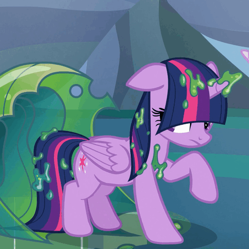 Size: 503x503 | Tagged: safe, screencap, character:twilight sparkle, character:twilight sparkle (alicorn), species:alicorn, species:pony, episode:to where and back again, g4, my little pony: friendship is magic, animated, changeling slime, floppy ears, frown, gif, goo, headbob, loop, raised hoof, solo focus, stamping, stomping, unhappy, wet mane