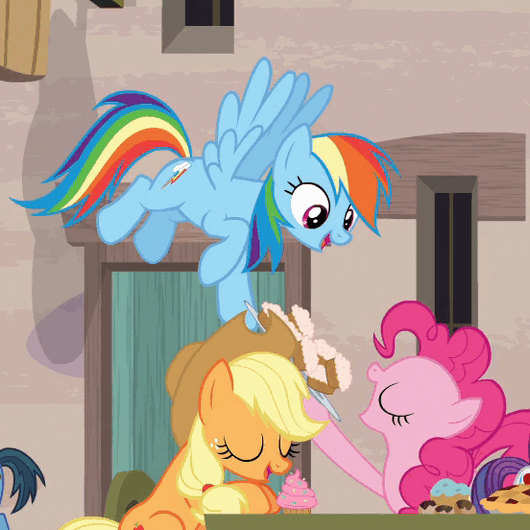 Size: 530x530 | Tagged: safe, screencap, character:applejack, character:discord, character:pinkie pie, character:rainbow dash, character:rarity, character:trixie, species:earth pony, species:pegasus, species:pony, species:unicorn, episode:to where and back again, g4, my little pony: friendship is magic, animated, applejack's hat, clothing, context is for the weak, cowboy hat, cute, diapinkes, eating, eyes closed, feeding, female, floating, flying, flying pig, food, frown, gif, grin, happy, hat, it makes sense in context, lidded eyes, mare, open mouth, pig, plate, puffy cheeks, raised hoof, rarity looking at food, sitting, smiling, surprised, talking, unamused, varying degrees of want, wide eyes, worried