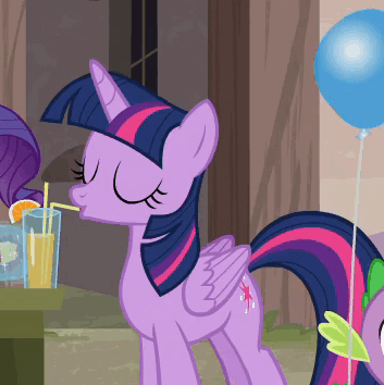 Size: 353x354 | Tagged: safe, screencap, character:discord, character:rarity, character:spike, character:trixie, character:twilight sparkle, character:twilight sparkle (alicorn), species:alicorn, species:dragon, species:pony, episode:to where and back again, g4, my little pony: friendship is magic, :t, animated, balloon, drinking, eyes closed, flying pig, folded wings, gif, happy, juice, levitation, looking back, magic, pig, raised hoof, smiling, solo focus, surprised, telekinesis