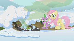 Size: 1280x720 | Tagged: safe, screencap, character:fluttershy, character:spike, species:dragon, species:pegasus, species:pony, episode:winter wrap up, g4, my little pony: friendship is magic, animal, animal team, burrow, clothing, female, male, mare, nose pinch, plugged nose, skunk, skunk spray, smell, smelly, smiling, snow, visible stench, winter, winter wrap up vest