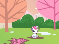 Size: 640x480 | Tagged: safe, screencap, character:sweetie belle, species:pony, episode:over two rainbows, g3.5, newborn cuties, bow, clothing, g3.75, looking down, mud, muddy, once upon a my little pony time, open mouth, remake, remastered, scarf, solo