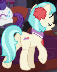 Size: 400x500 | Tagged: safe, screencap, character:coco pommel, character:rarity, species:pony, episode:made in manehattan, g4, my little pony: friendship is magic, coco's apartment, cropped, eyes closed, female, mare, open mouth, plot, raised hoof, sitting, solo focus, walking