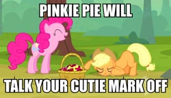 Size: 1326x762 | Tagged: safe, screencap, character:applejack, character:pinkie pie, episode:the last roundup, g4, my little pony: friendship is magic, animation error, cherry, chimicherrychanga, image macro, missing cutie mark