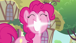 Size: 640x360 | Tagged: safe, screencap, character:pinkie pie, episode:a friend in deed, g4, my little pony: friendship is magic, bright, cleanest teeth in equestria, eyes closed, smiling, solo, teeth