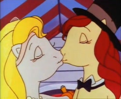 Size: 500x410 | Tagged: safe, screencap, character:cheval, character:meadowlark, episode:sister of the bride, g1, my little pony tales, chevalark, dude looks like a lady, female, kissing, male, meadowval, shipping, straight, wedding