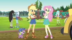 Size: 763x420 | Tagged: safe, screencap, character:applejack, character:fluttershy, character:octavia melody, character:paisley, character:spike, character:spike (dog), character:trixie, species:dog, equestria girls:legend of everfree, g4, my little pony:equestria girls, boots, camp everfree outfits, clothing, cowboy boots, shoes, shorts, socks