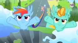 Size: 632x352 | Tagged: safe, screencap, character:cloudchaser, character:lightning dust, character:meadow flower, character:rainbow dash, character:sunshower raindrops, episode:wonderbolts academy, flying, hub logo