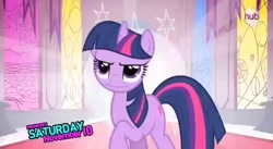 Size: 634x347 | Tagged: safe, screencap, character:twilight sparkle, episode:the crystal empire, g4, my little pony: friendship is magic, hub logo, poker face, promo, solo