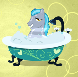 Size: 732x720 | Tagged: safe, screencap, species:pony, bath, bubble, bubble bath, clean, grin, lidded eyes, looking at you, shiny, smiling, solo, true capitalist radio, tub guy