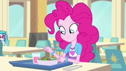Size: 1280x720 | Tagged: safe, screencap, character:dj pon-3, character:pinkie pie, character:vinyl scratch, episode:pinkie on the one, equestria girls:rainbow rocks, g4, my little pony:equestria girls, cup, food, fork, salad, solo focus, spoon