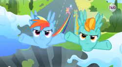 Size: 637x352 | Tagged: safe, screencap, character:cloudchaser, character:lightning dust, character:meadow flower, character:rainbow dash, character:sunshower raindrops, episode:wonderbolts academy, lightning, preview