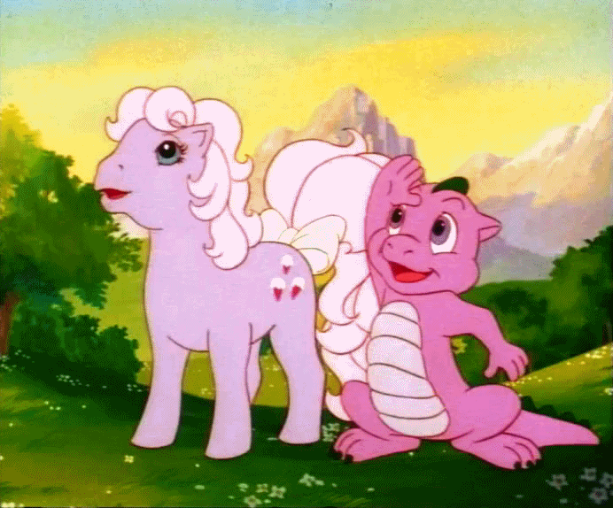 Size: 692x574 | Tagged: safe, screencap, character:baby lickety split, character:spike (g1), g1, my little pony: the movie (1986), animated, cute, gif, hoofy-kicks, horses doing horse things, spikabetes, waving