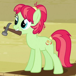 Size: 434x434 | Tagged: safe, screencap, character:apple dumpling, species:earth pony, species:pony, episode:apple family reunion, g4, my little pony: friendship is magic, apple family member, background pony, cropped, female, hammer, mare, mouth hold, solo
