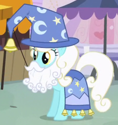 Size: 268x284 | Tagged: safe, screencap, character:serena, species:earth pony, species:pony, episode:three's a crowd, g4, my little pony: friendship is magic, background pony, bells, clothing, costume, cropped, fake beard, female, hat, mare, solo, star swirl the bearded costume, wizard hat