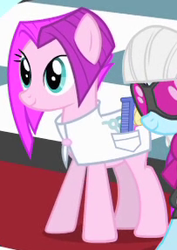 Size: 203x286 | Tagged: safe, screencap, character:photo finish, character:vidala swoon, species:earth pony, species:pony, episode:green isn't your color, g4, my little pony: friendship is magic, background pony, comb, cropped, female, mare, scissors, smiling, solo focus