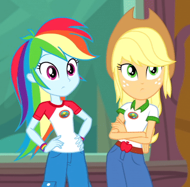 Size: 373x368 | Tagged: safe, screencap, character:applejack, character:rainbow dash, equestria girls:legend of everfree, g4, my little pony:equestria girls, animated, cropped, faec, gif, rainbow dash is best facemaker, rainbow dash is not amused