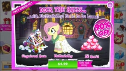 Size: 1334x750 | Tagged: safe, gameloft, official, screencap, character:apple bloom, character:fluttershy, species:pony, episode:a hearth's warming tail, g4, my little pony: friendship is magic, advertisement, clothing, costs real money, crack is cheaper, dress, flutterholly, gameloft is trying to murder us, gingerbread house, iphone
