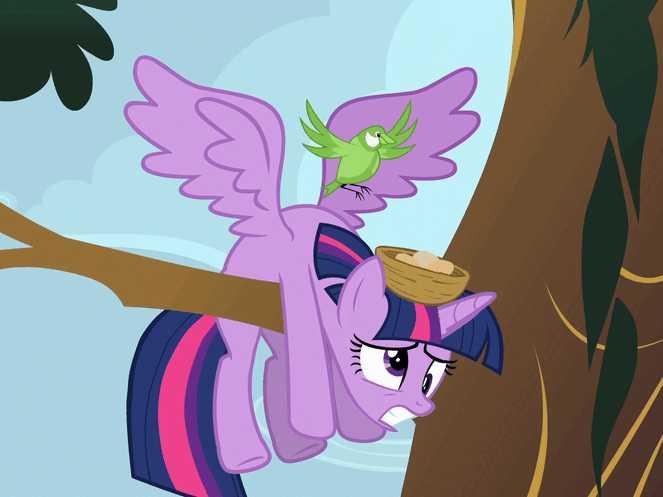 Size: 663x497 | Tagged: safe, screencap, character:twilight sparkle, character:twilight sparkle (alicorn), species:alicorn, species:bird, species:pony, episode:princess twilight sparkle, g4, my little pony: friendship is magic, animated, bird nest, crash, derp, dizzy, egghead, gif, loop, nest, solo, songbird, spread wings, time loop, tree branch, wings