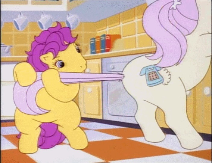 Size: 704x544 | Tagged: safe, screencap, character:bon bon (g1), character:misty (g1), species:pony, episode:too sick to notice, g1, my little pony tales, animated, female, gif, mare, plot, pulling, tail pull