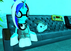 Size: 808x588 | Tagged: safe, screencap, oc, oc only, oc:breezy, species:pony, species:unicorn, 3d, boombox, clothing, couch, female, glasses, gmod, goggles, headphones, hoodie, mare, prone, smiling, wat