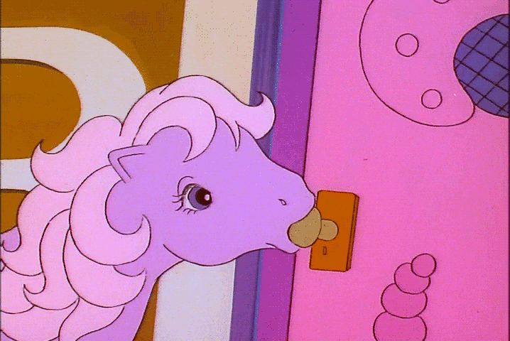 Size: 718x480 | Tagged: safe, screencap, character:lickety split, species:pony, episode:woe is me, g1, my little pony 'n friends, animated, closing, door, doorknob, gif, lip smacking, lullabye nursery, mouth hold, out of context, surprised, turning