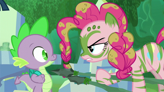 Size: 640x360 | Tagged: safe, screencap, character:pinkie pie, character:spike, species:dragon, species:earth pony, species:pony, episode:the cutie re-mark, alternate timeline, animated, bodypaint, chrysalis resistance timeline, female, fire, fire breath, gif, male, mare, mud, muddy, scared, smoke, spear, stone spear, subtitles, tribal pie, war paint, weapon