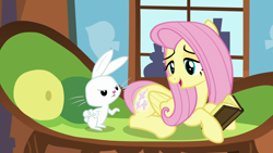 Size: 1920x1080 | Tagged: safe, screencap, character:angel bunny, character:fluttershy, species:pony, episode:the hooffields and mccolts, g4, my little pony: friendship is magic, book, booty call, couch, glowing cutie mark, looking back, nonchalant, smiling, window