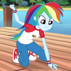Size: 600x600 | Tagged: safe, screencap, character:rainbow dash, equestria girls:legend of everfree, g4, my little pony:equestria girls, camp everfree outfits, clothing, converse, cropped, female, frown, hammer, holding, nail, shoes, solo